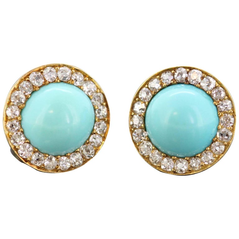 Vintage 9 Karat Gold Ladies Earrings with Turquoise and Diamonds, circa 1970s For Sale at 1stdibs