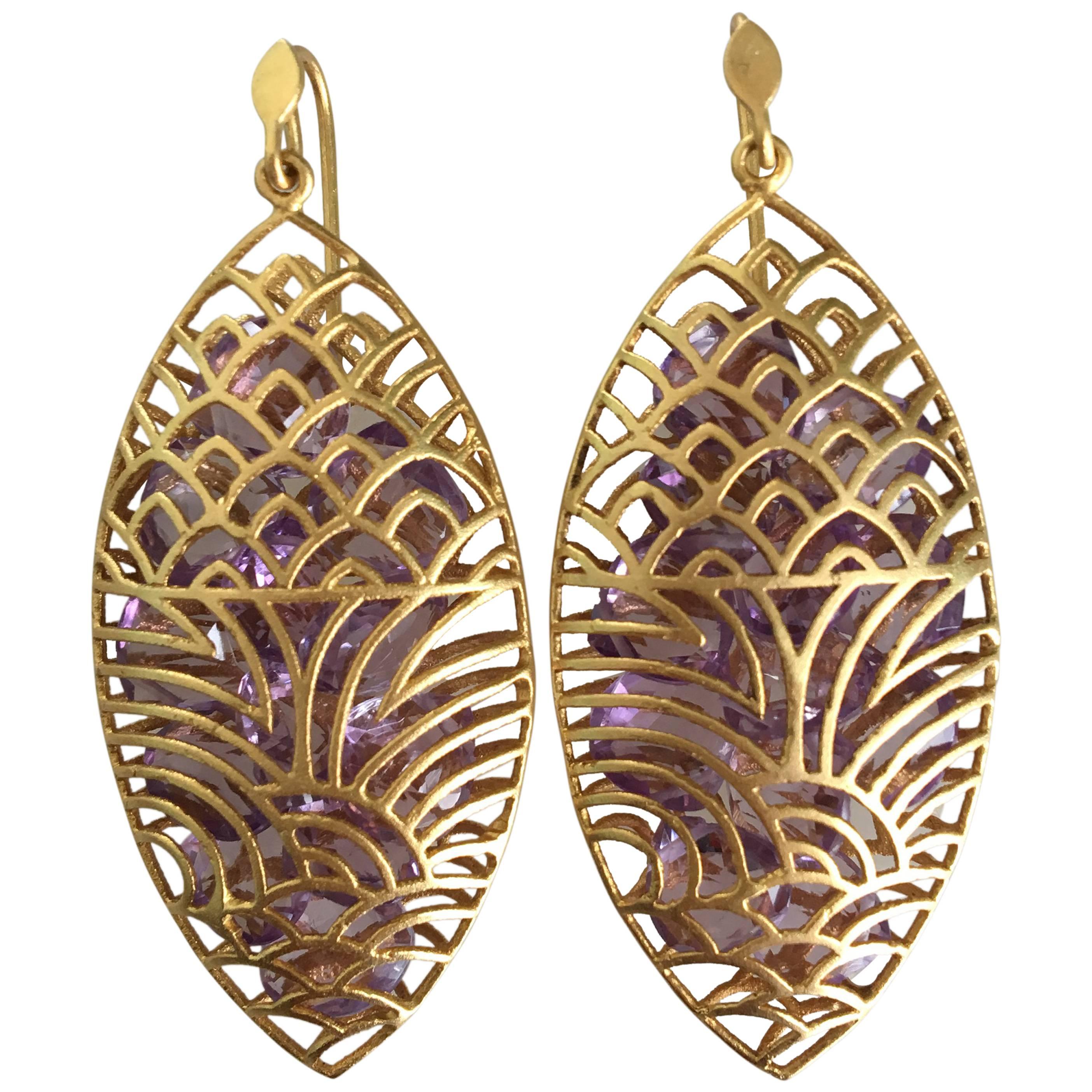 Lauren Harper Amethyst Yellow Gold Marquis Statement Earrings