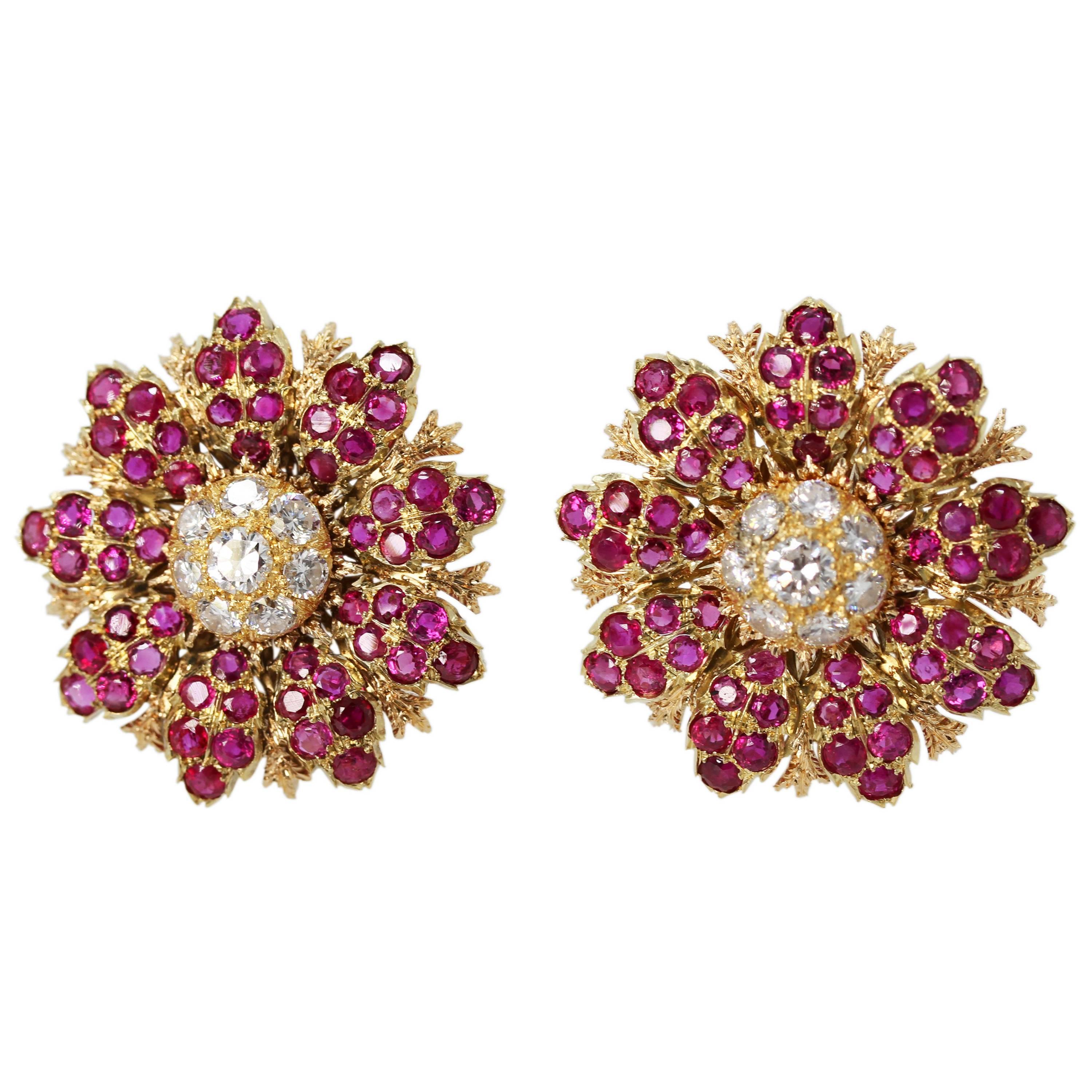 1940s Buccellati Ruby, Diamond and Gold Flower Earclips