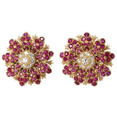 1940s Buccellati Ruby, Diamond and Gold Flower Earclips