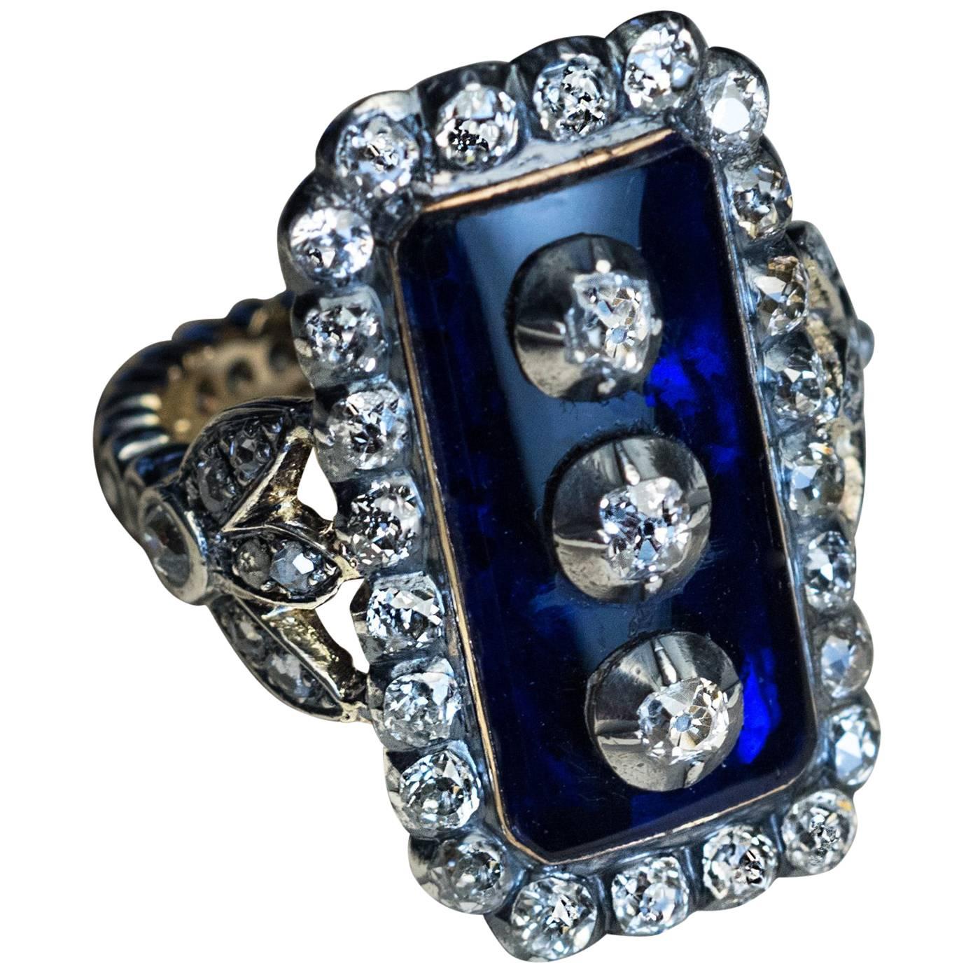 Antique Georgian Era Blue Glass Diamond Unisex Ring For Sale