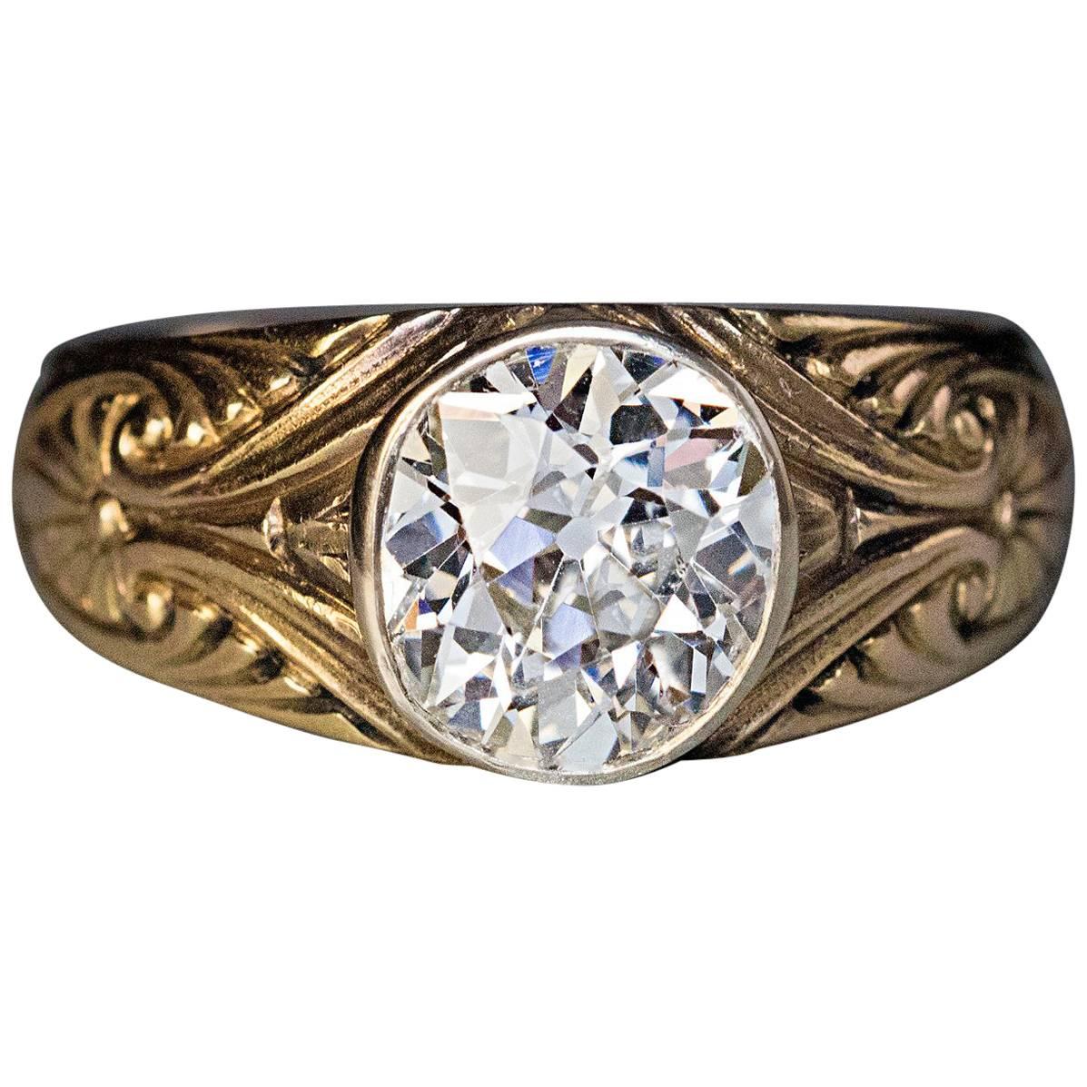 Antique Russian 1.85 Carat Old Mine Cut Diamond Gold  Ring