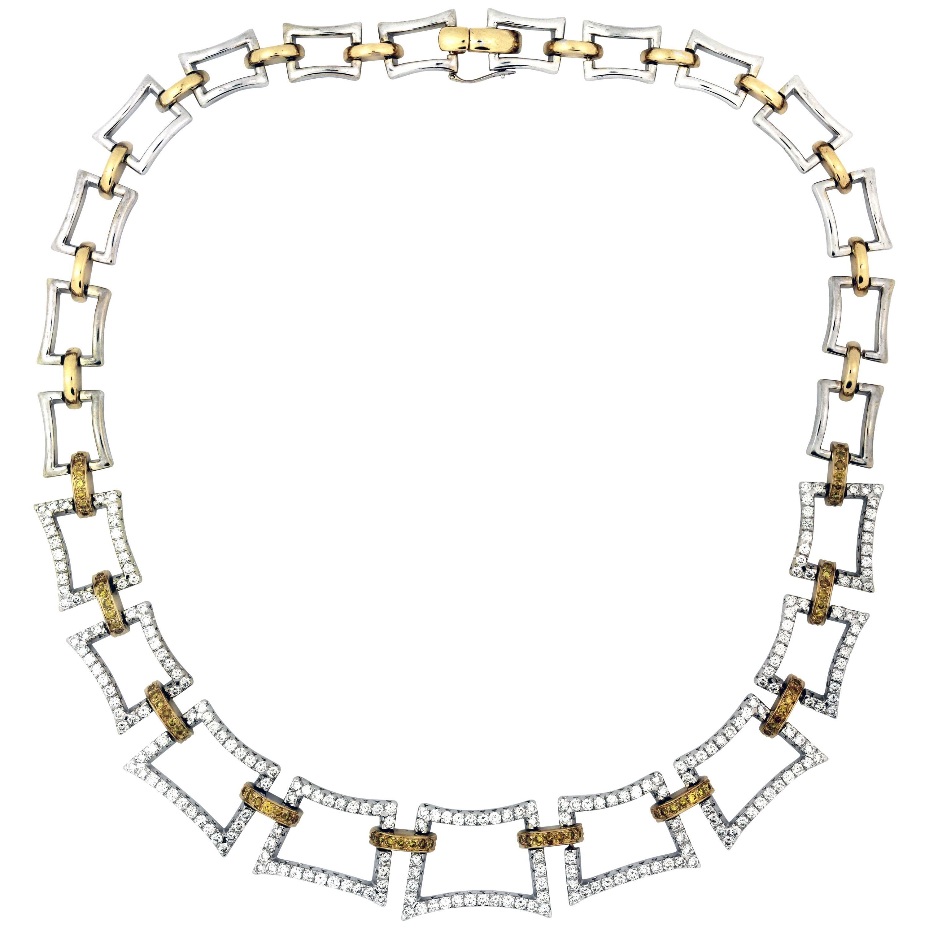 White and Yellow Gold Rectangle Diamond Link Necklace