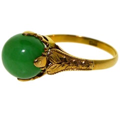 Ladies 18kt Solid Yellow Gold Jade Art Deco Ring Hand Constructed