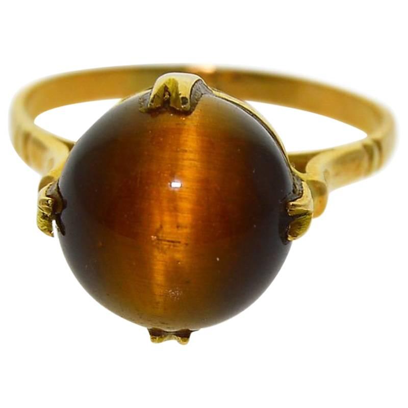 Ladies 18 Kt. Yellow Gold Art Deco Tiger Eye Ring with 10 Millimeter Stone