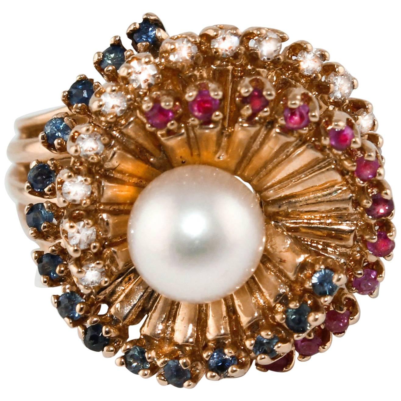 Diamonds Sapphires Rubies Pearl  Rose Gold Spiral Ring 