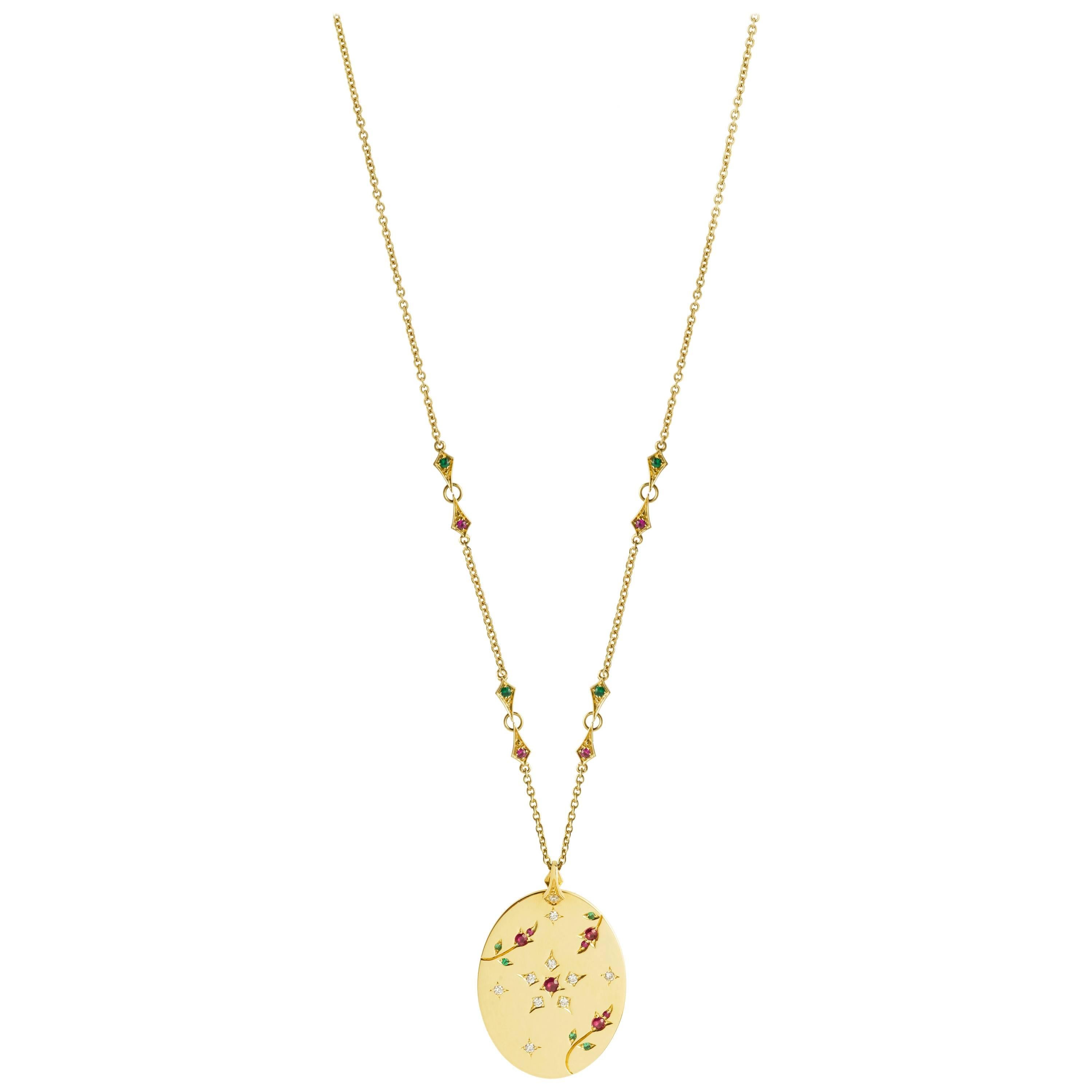 Yvonne Leon's Necklace in 18K Yellow Gold with Diamonds, Ruby, and Tsavorites