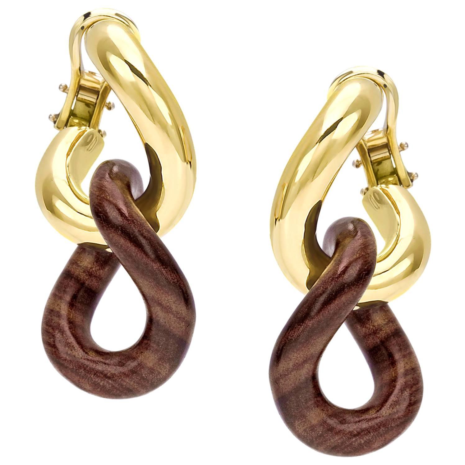 Rose Wood Groumette Pair of Earrings 18 Karat Yellow Gold