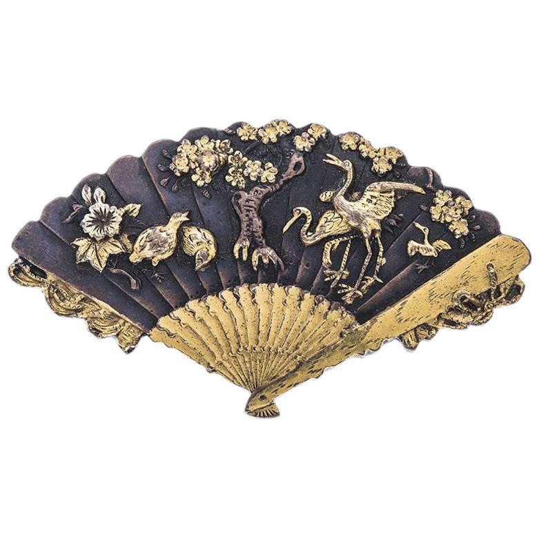 Antique Japanese Shakudo Fan Brooch