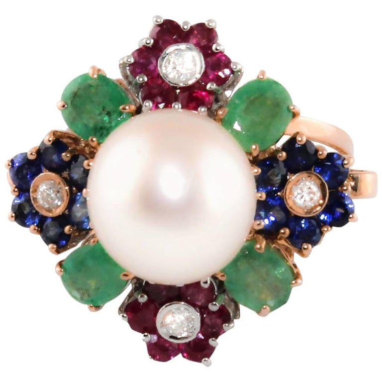 Diamonds Precious Stones Pearls Rose Gold Flower Ring at 1stDibs