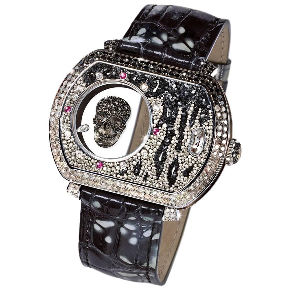 Montre-bracelet automatique en or blanc, diamants blancs et noirs, rubis et diamants glace 
