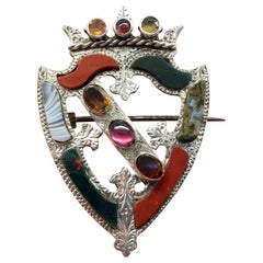 Victorian Sterling Silver Scottish Agate Brooch Pin Circa 1890