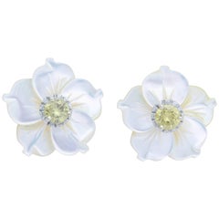 Yellow Diamond Studs with Black and White Mother-of-Pearl Flower Jackets