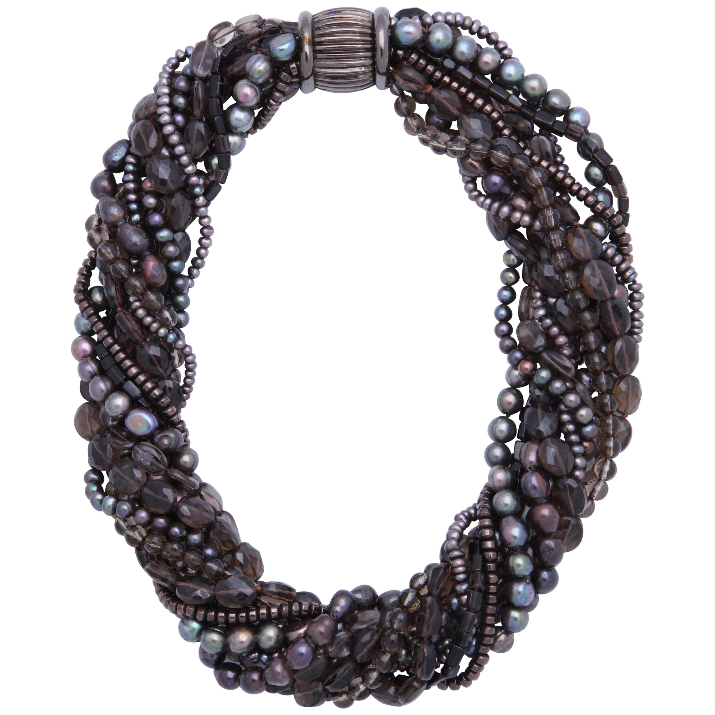 Smoky Topaz and Pearl Torsade Multistrand Necklace For Sale
