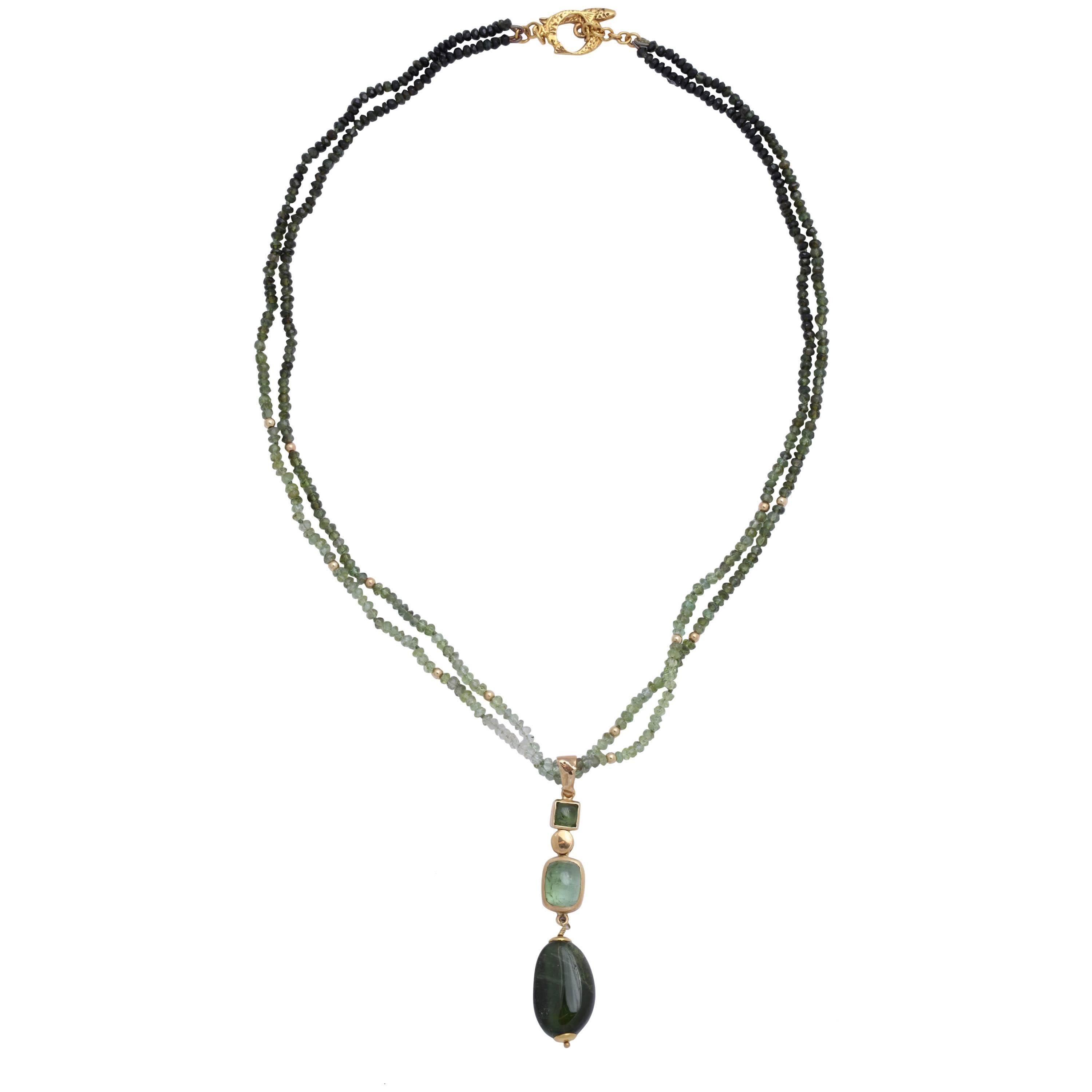 Green Tourmaline Bead and Cabochon Necklace For Sale