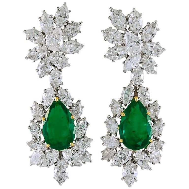 Harry Winston Diamond, Colombian Emerald Ear Clips For Sale