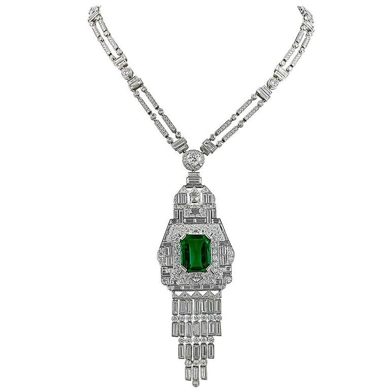 Diamond Emerald Platinum Necklace For Sale at 1stDibs emerald and