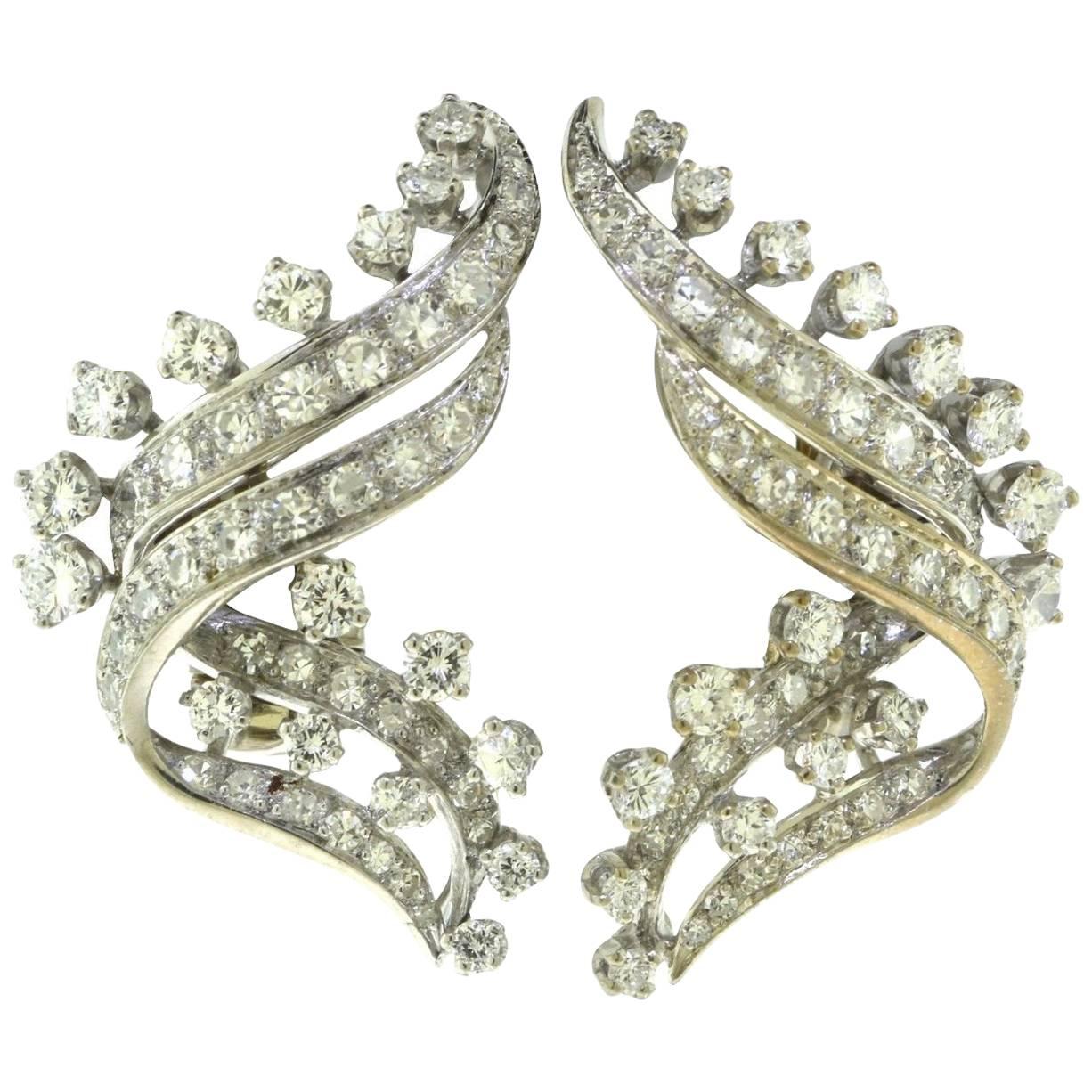 Estate Diamond Swirl Cocktail Statement Earrings in 18 Karat White Gold For Sale