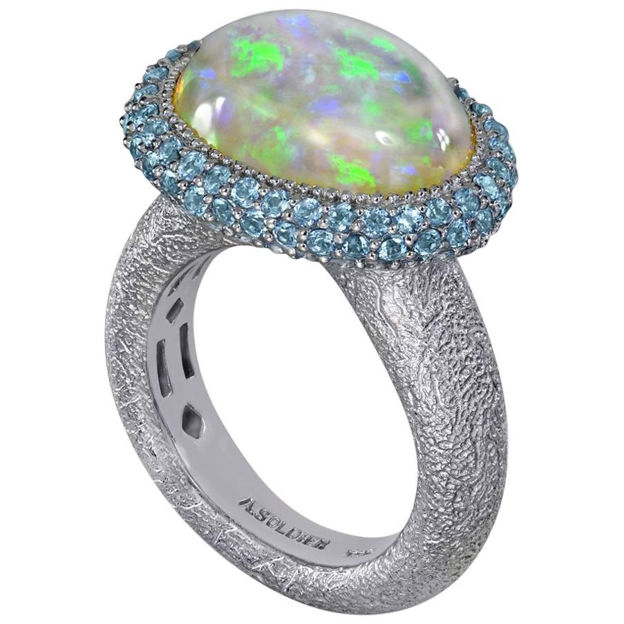 Opal Blue Topaz Gold Textured Cocktail Ring One of a Kind