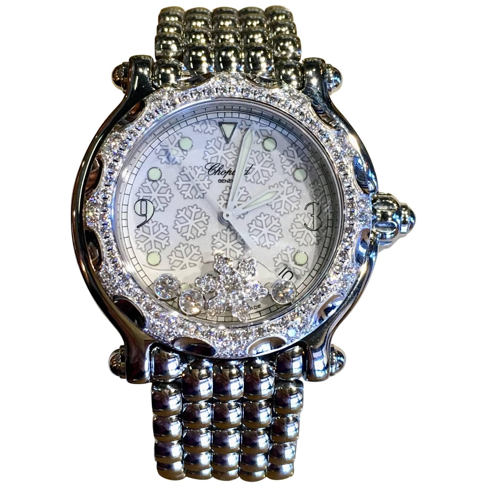Chopard stainless steel Happy Sport Diamond Snowflake Quartz Wristwatch For Sale