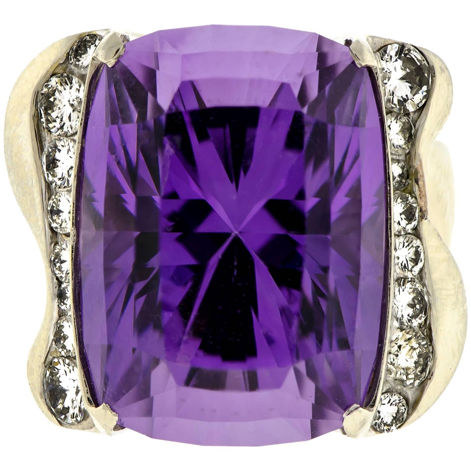 Impressive Vintage Amethyst Diamond and White Gold Cocktail Ring For Sale