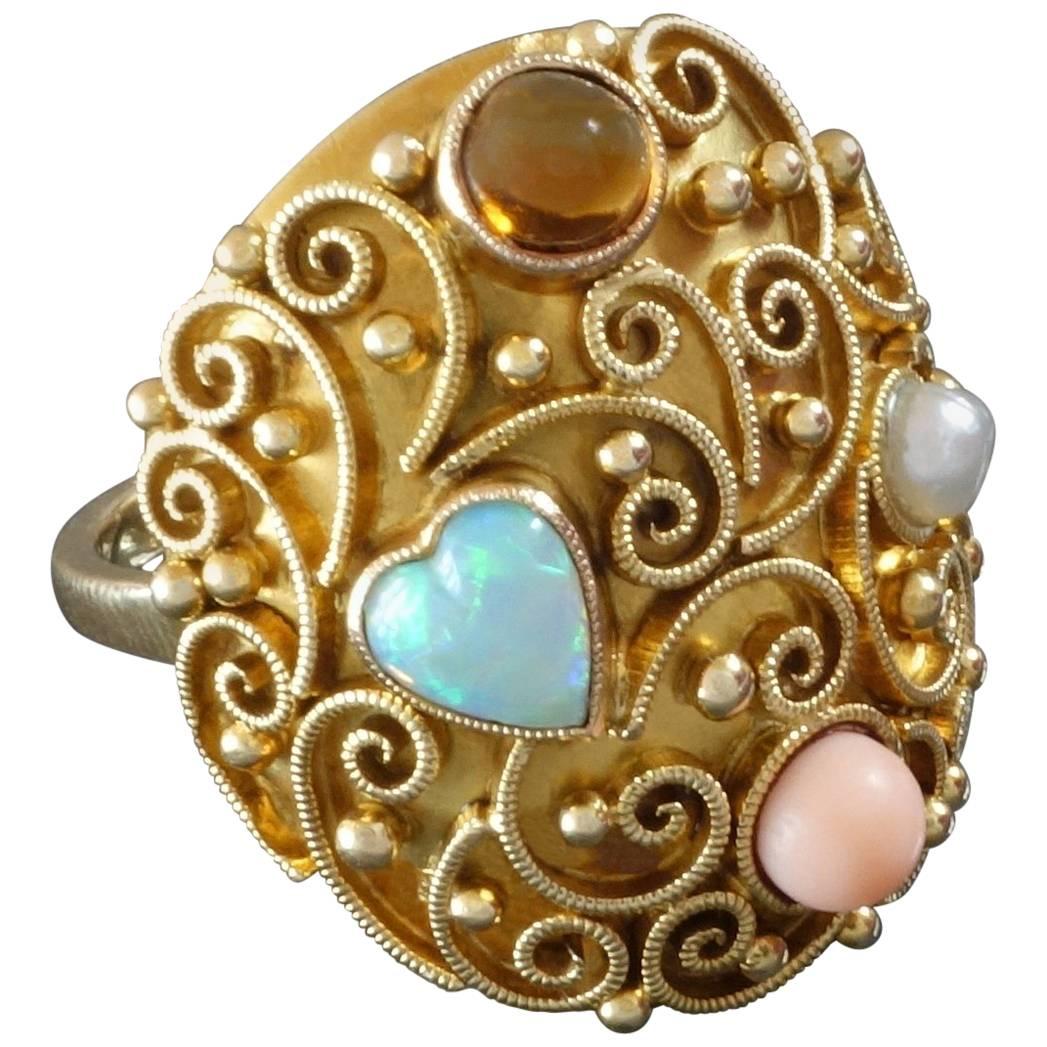 Unique German 1920s Opal Heart Angelskin Coral Citrine Pearl Gold Cocktail Ring For Sale