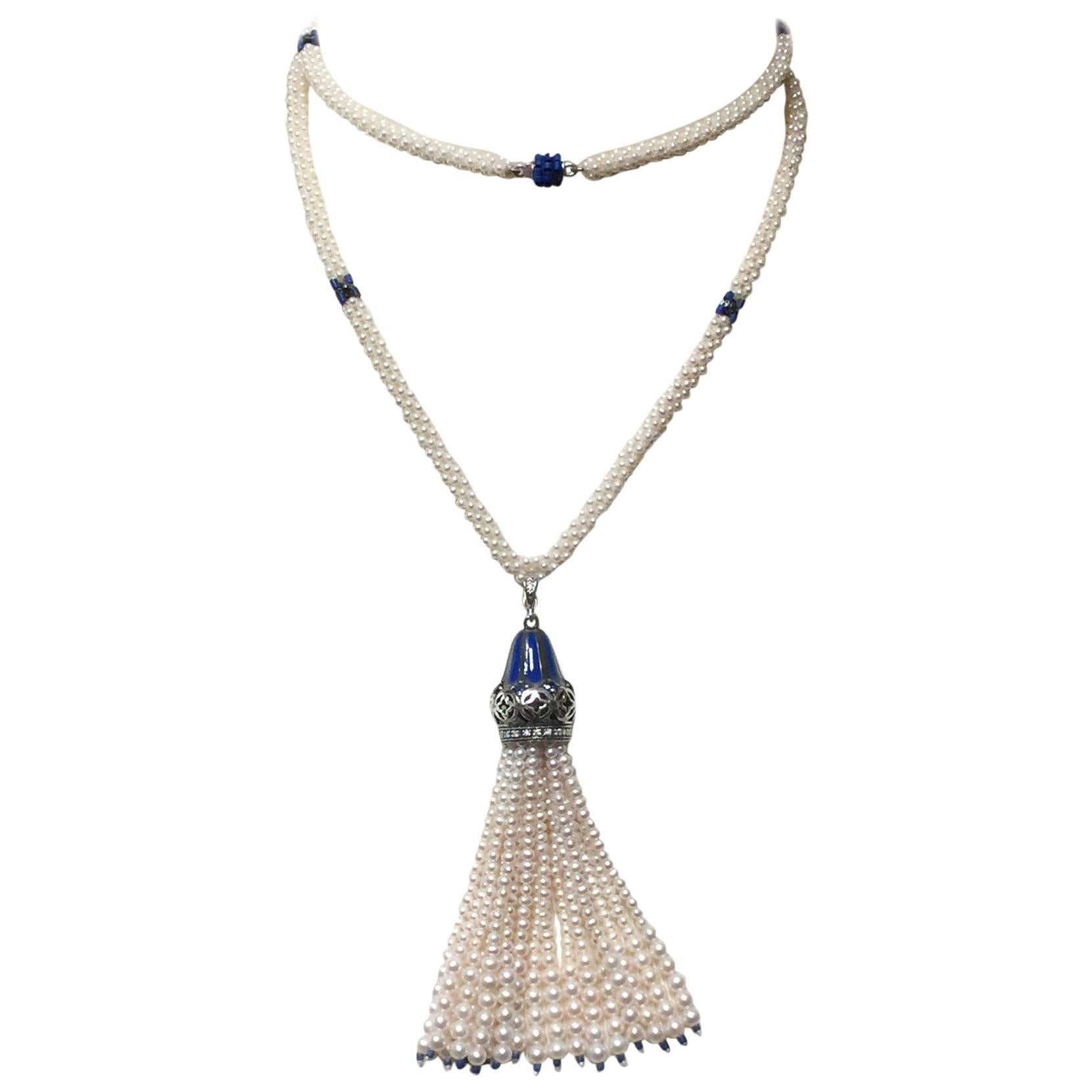 Marina J  Woven Long Pearl Necklace with Hand made Graduated Tassle with Enamel 