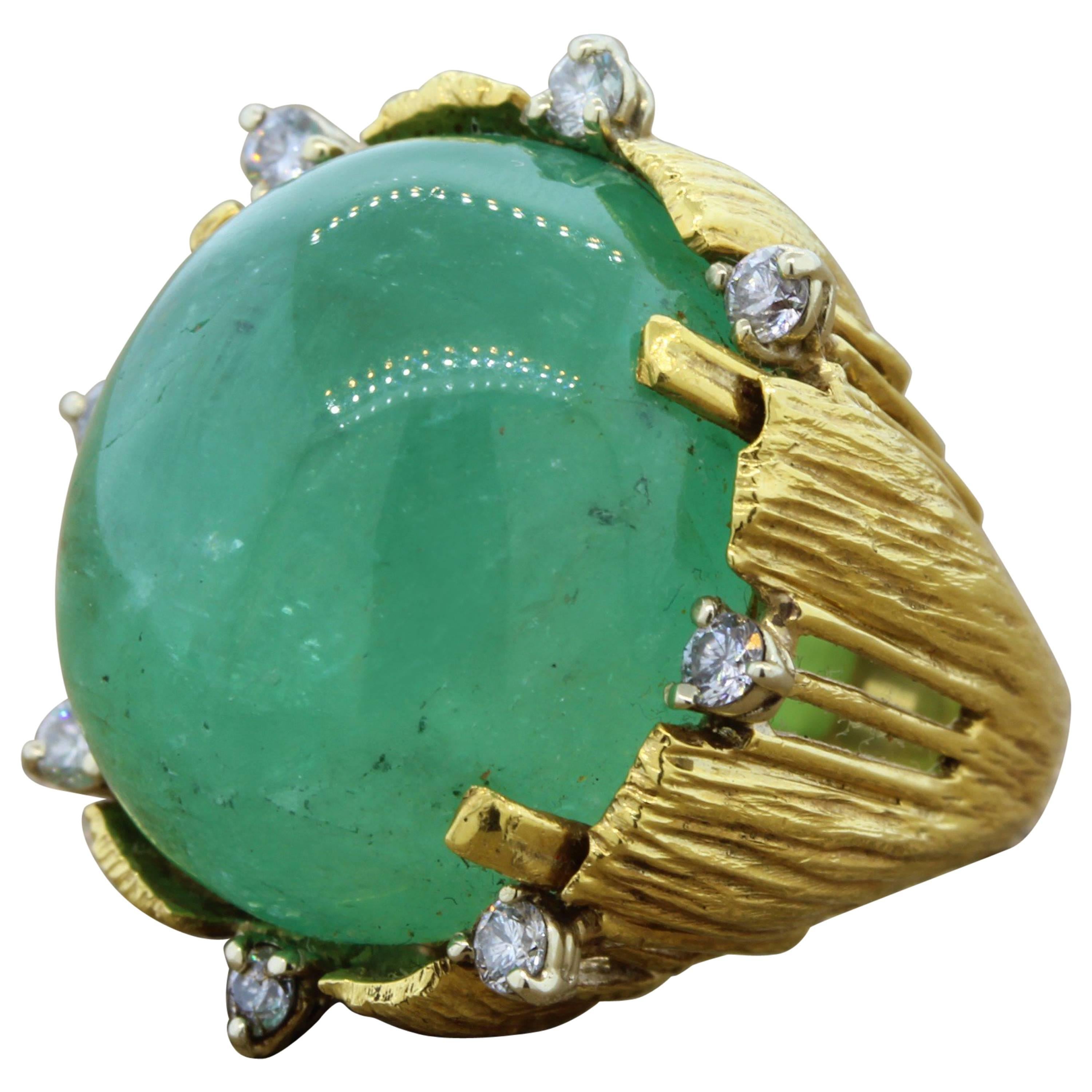 Large Cabochon Emerald Diamond Gold Cocktail Ring
