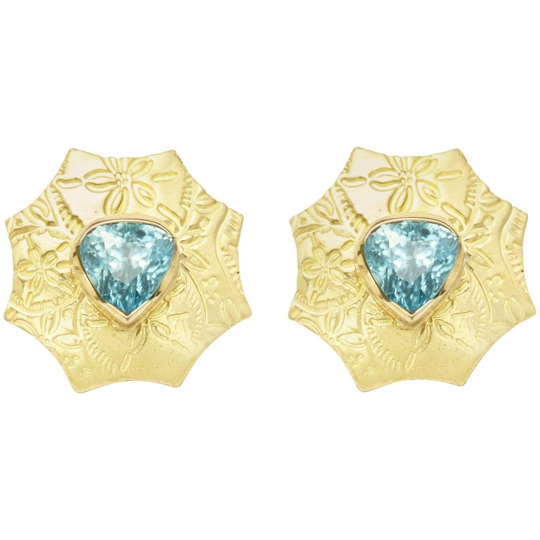 8 73 Ct Trilliant Cut Blue Zircon And 18kt Gold Sand Dollar Earrings 8 73 Ct Trilliant Cut Blue Zircon And 18kt Gold Sand Dollar Earrings With Omegas For