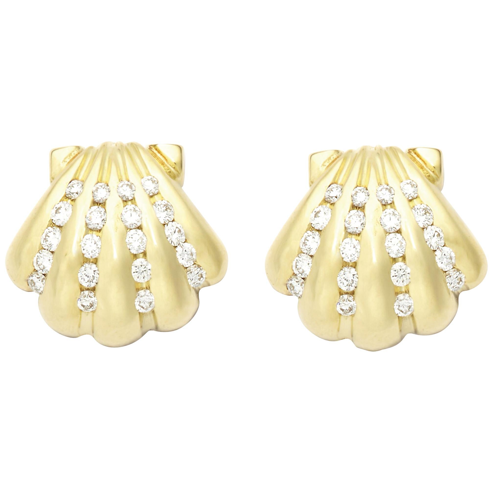 Susan Lister Locke 0.56 Carat Diamond Scallop Shell Earrings in 18 Karat Gold For Sale