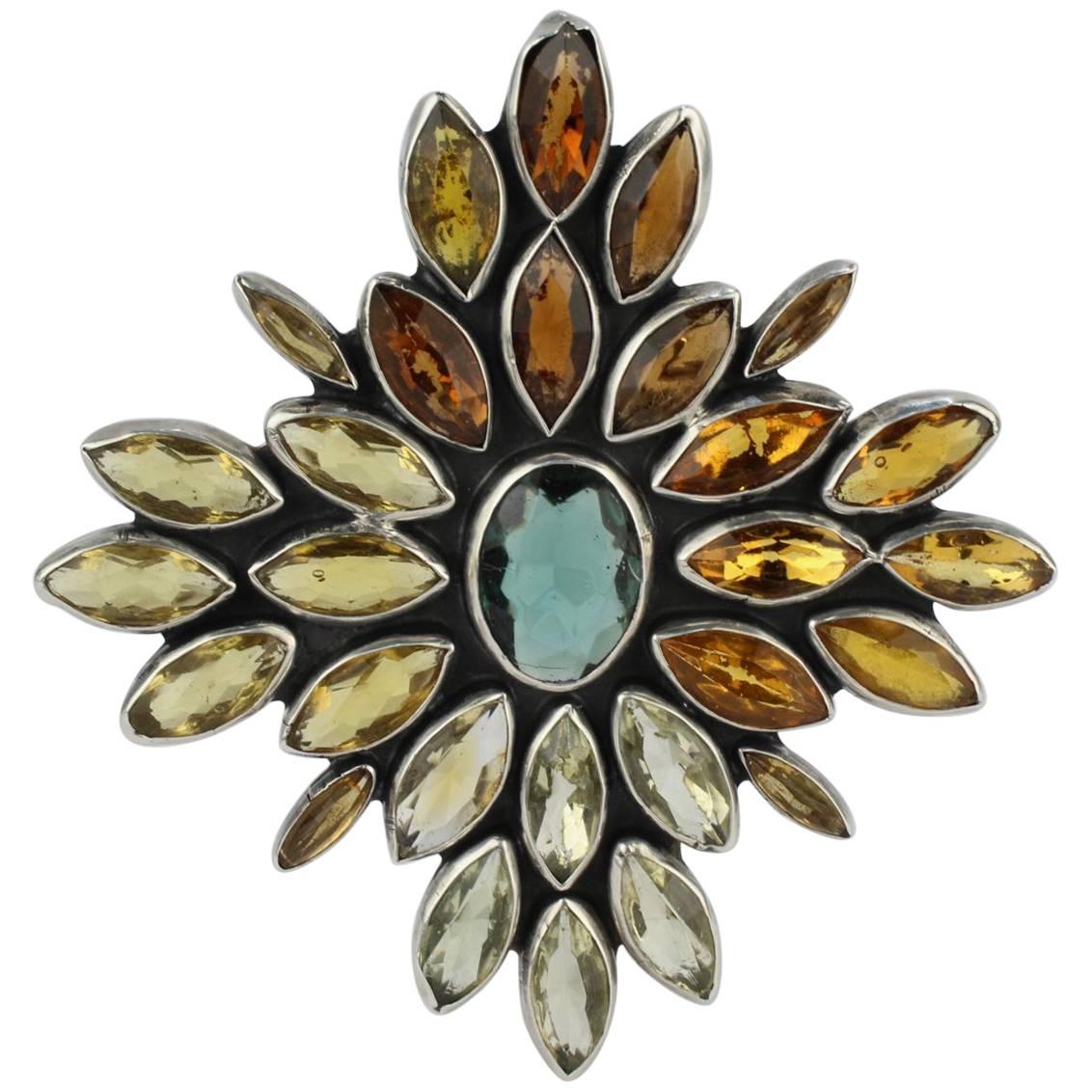 Federico Jimenez Mexican Sterling Silver, Citrine and Aquamarine Brooch or Pin