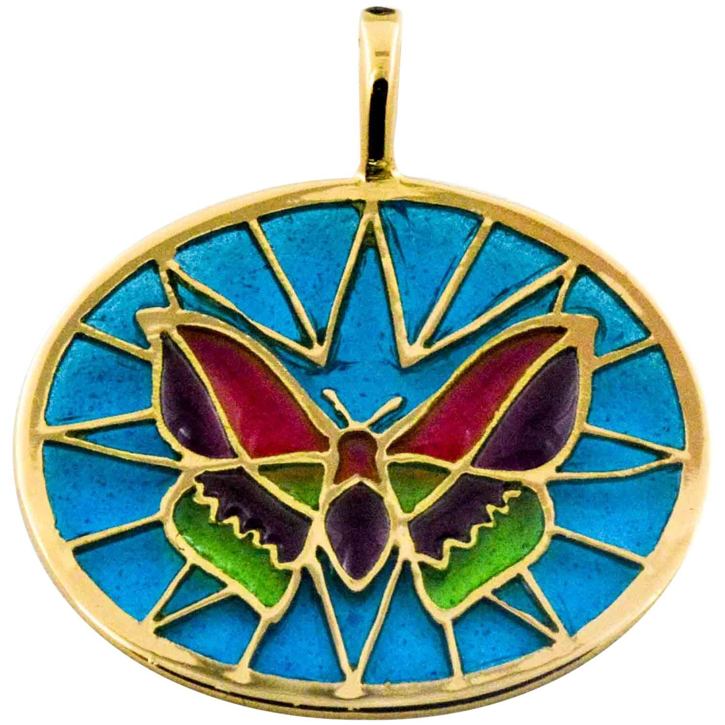 Plique a Jour Glass Enameled Butterfly 18 Karat Yellow Gold Pendant