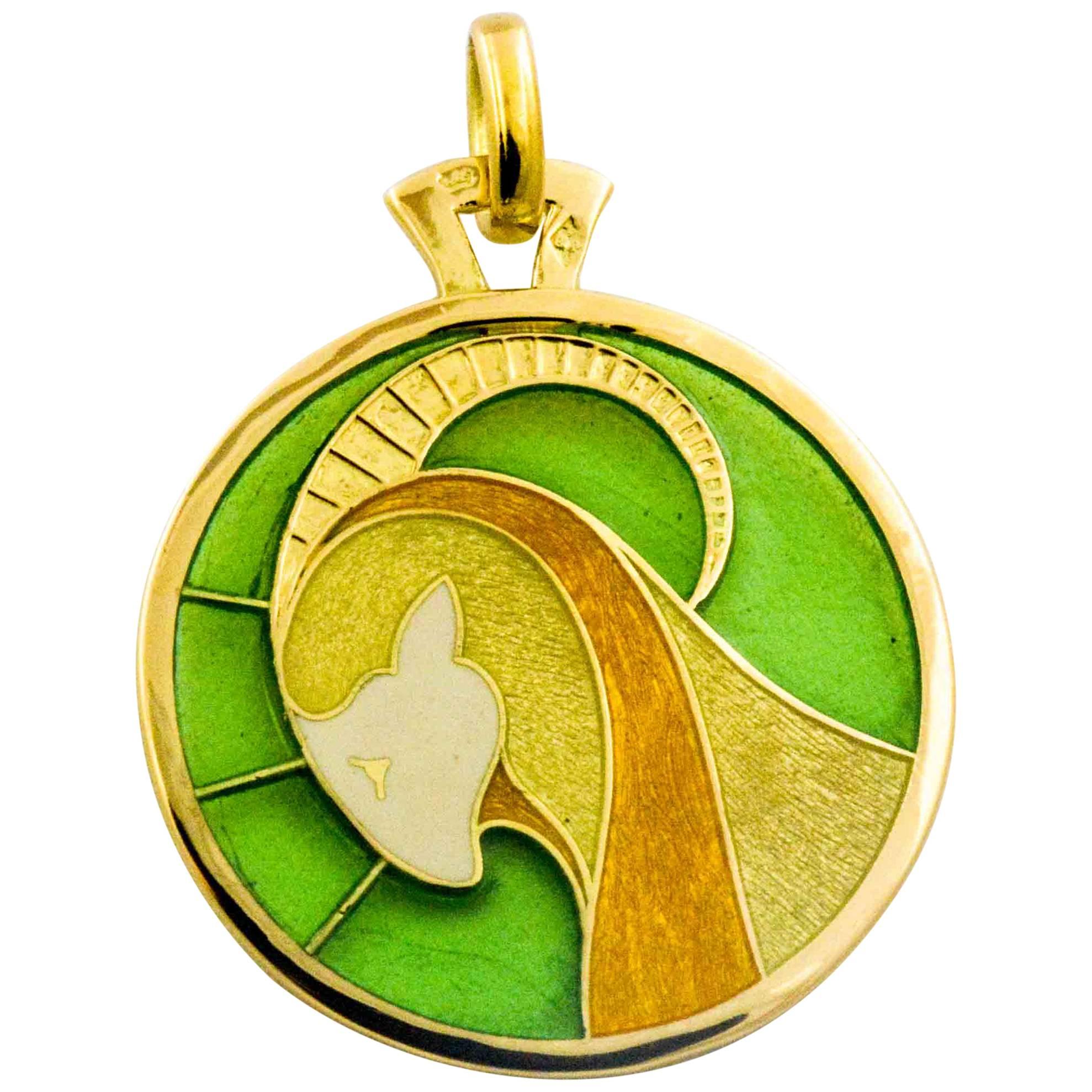 Capricorn Plique a Jour Pendant 18 Karat Yellow Gold