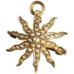 Antique Victorian Pearl Star Brooch Pendant 14 Carat Gold, circa 1880