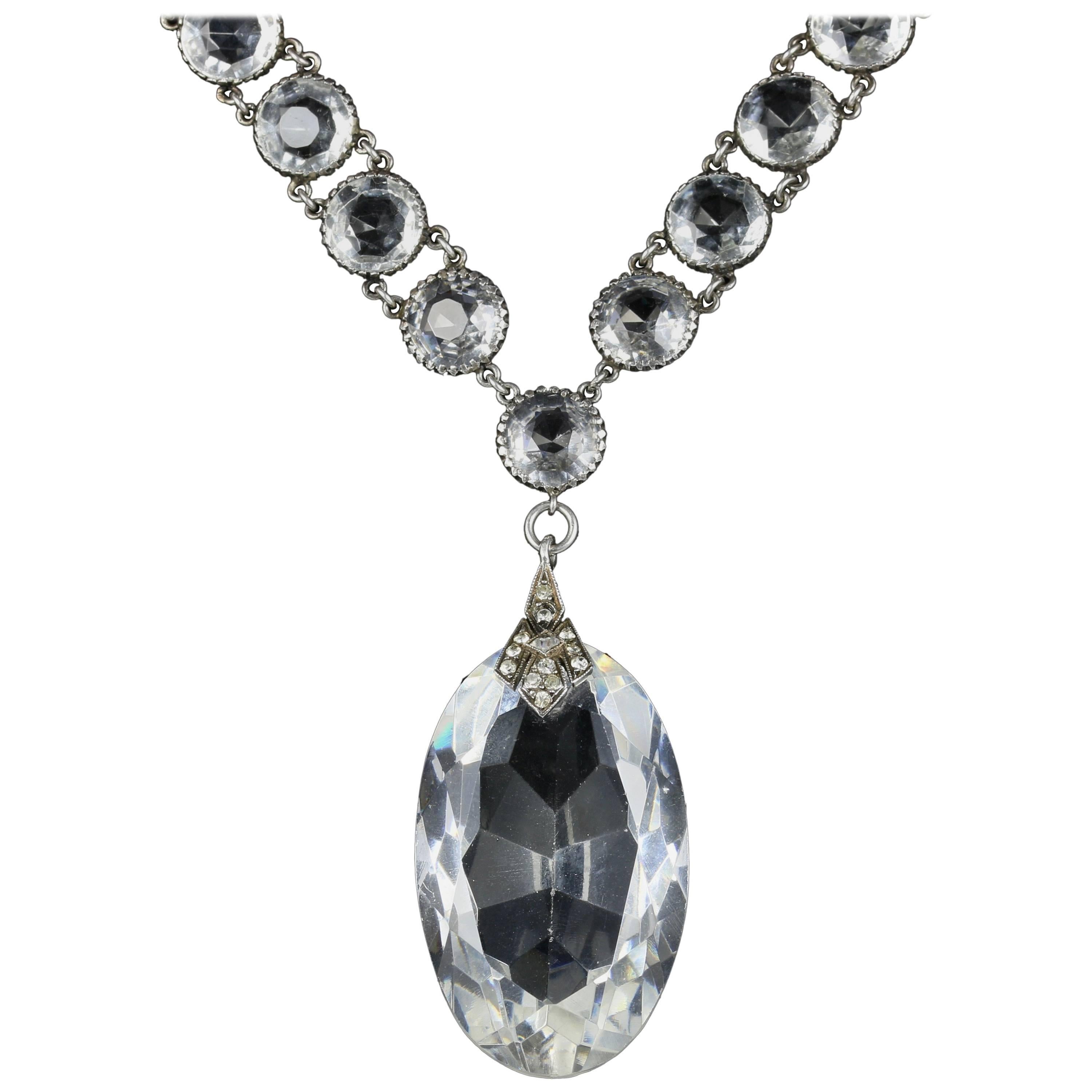 French Rock Crystal Silver Pendant Necklace Large, circa 1910