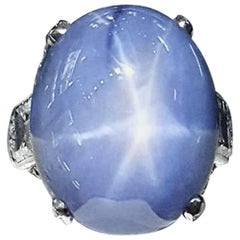 Art Deco 39.71 Carat Star Sapphire Diamond Cocktail Ring