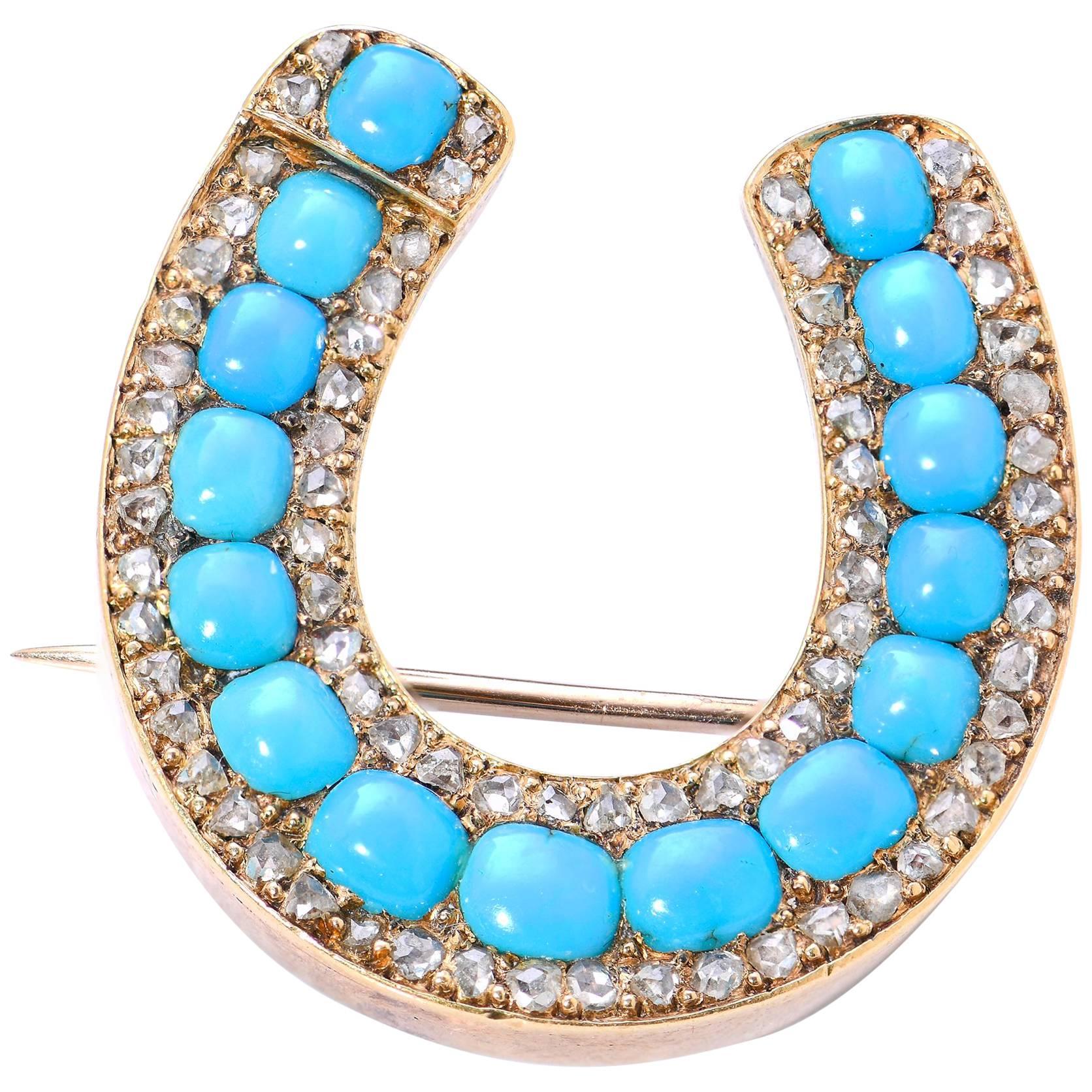 Victorian Natural Turquoise and Diamond Yellow Gold Horse Shoe Brooch