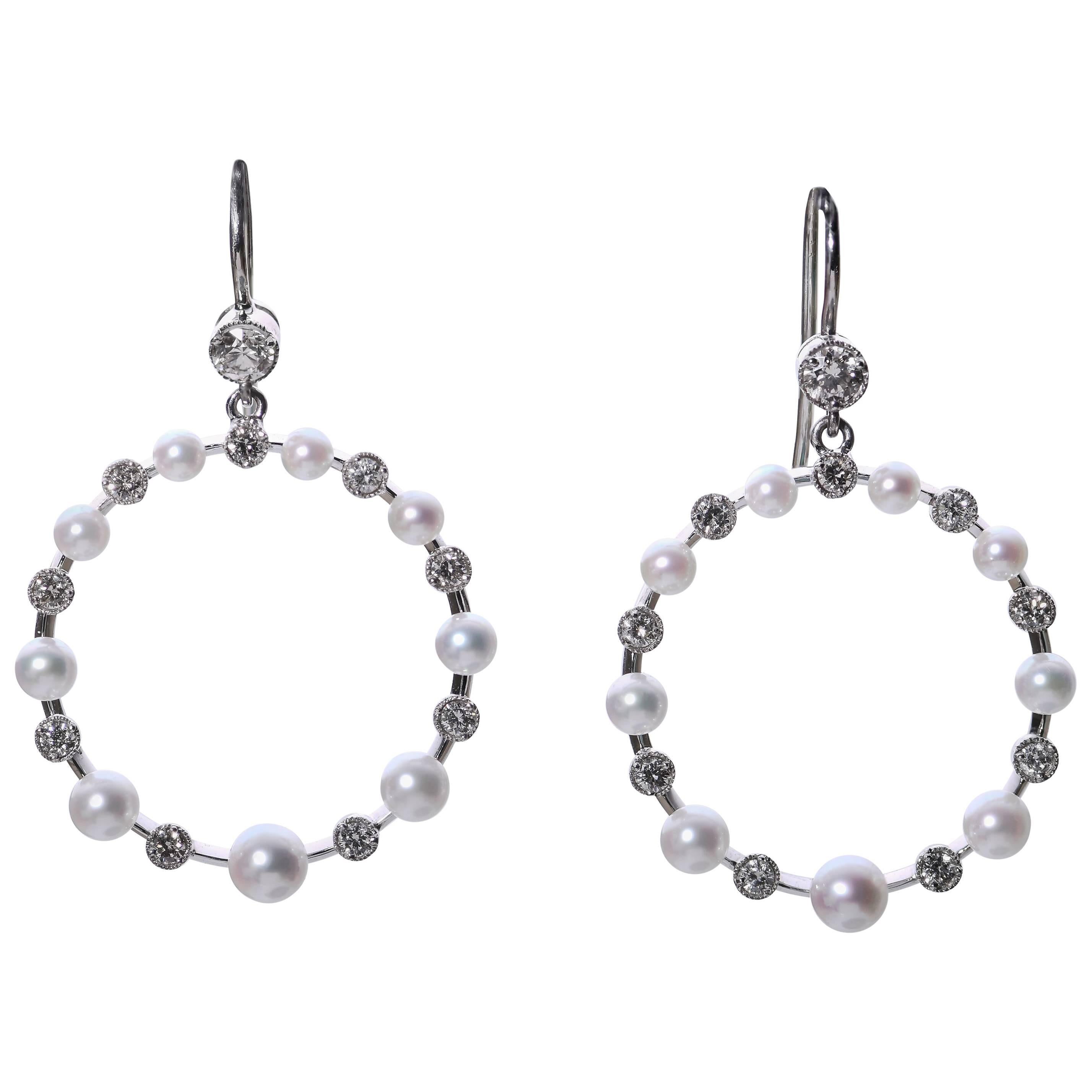 Edwardian Style Pearl and Diamond Hoop Earrings