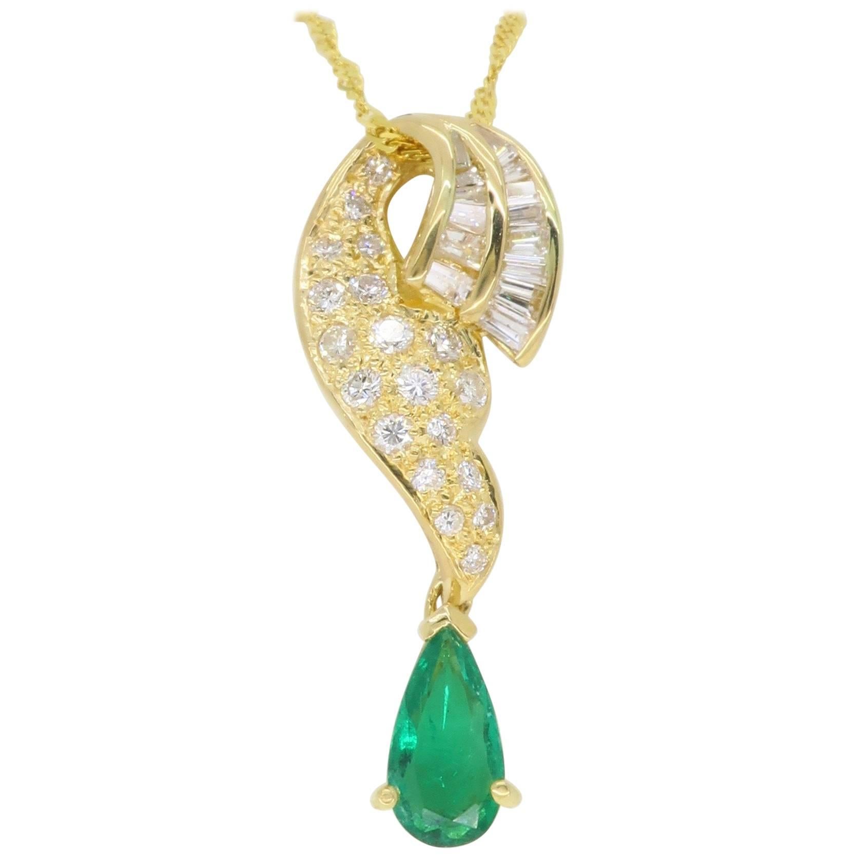 18 Karat Gold Diamond and Emerald Drop Necklace