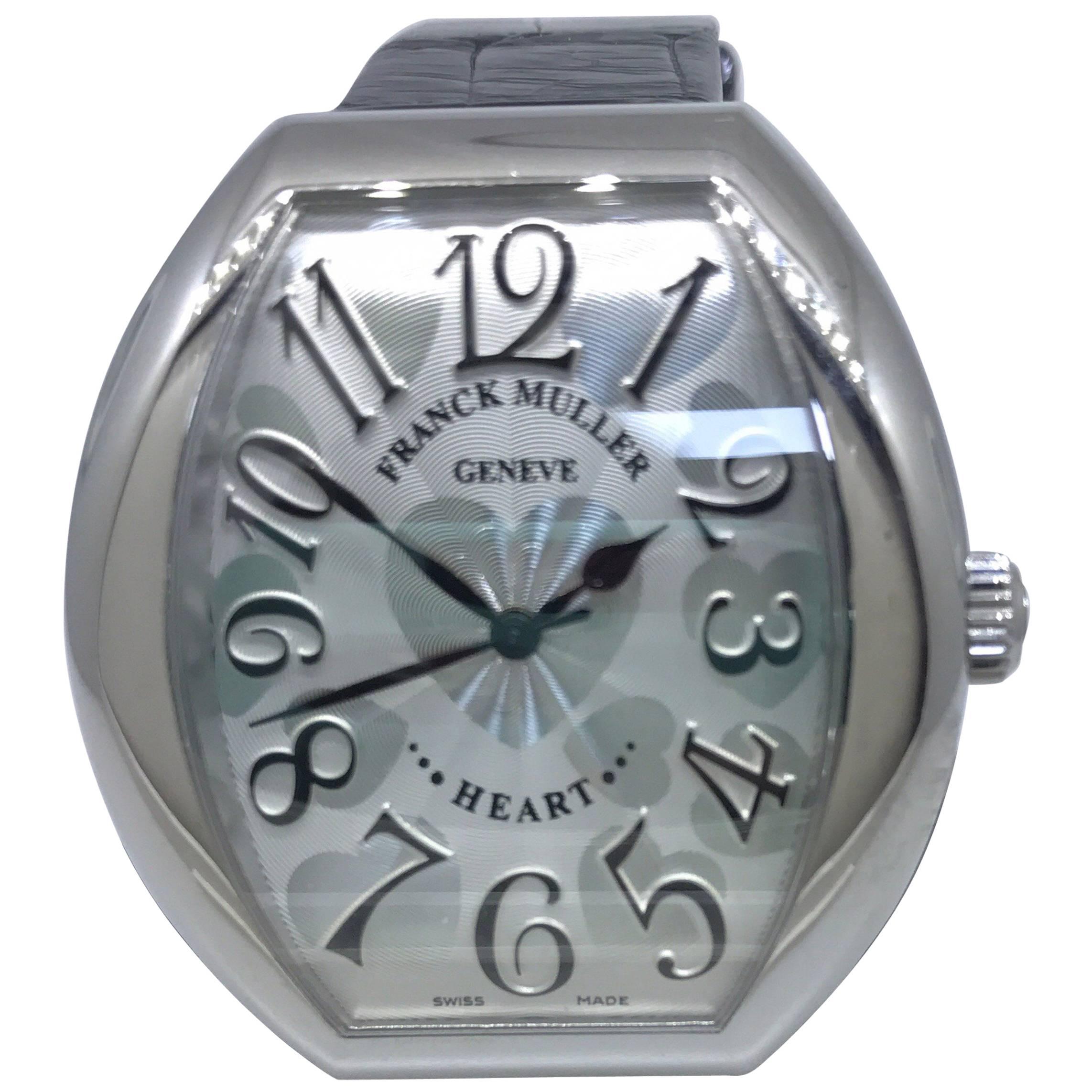 Franck Muller Stainless Steel Silver Heart Motif Dial Leather Band Ladies Watch For Sale