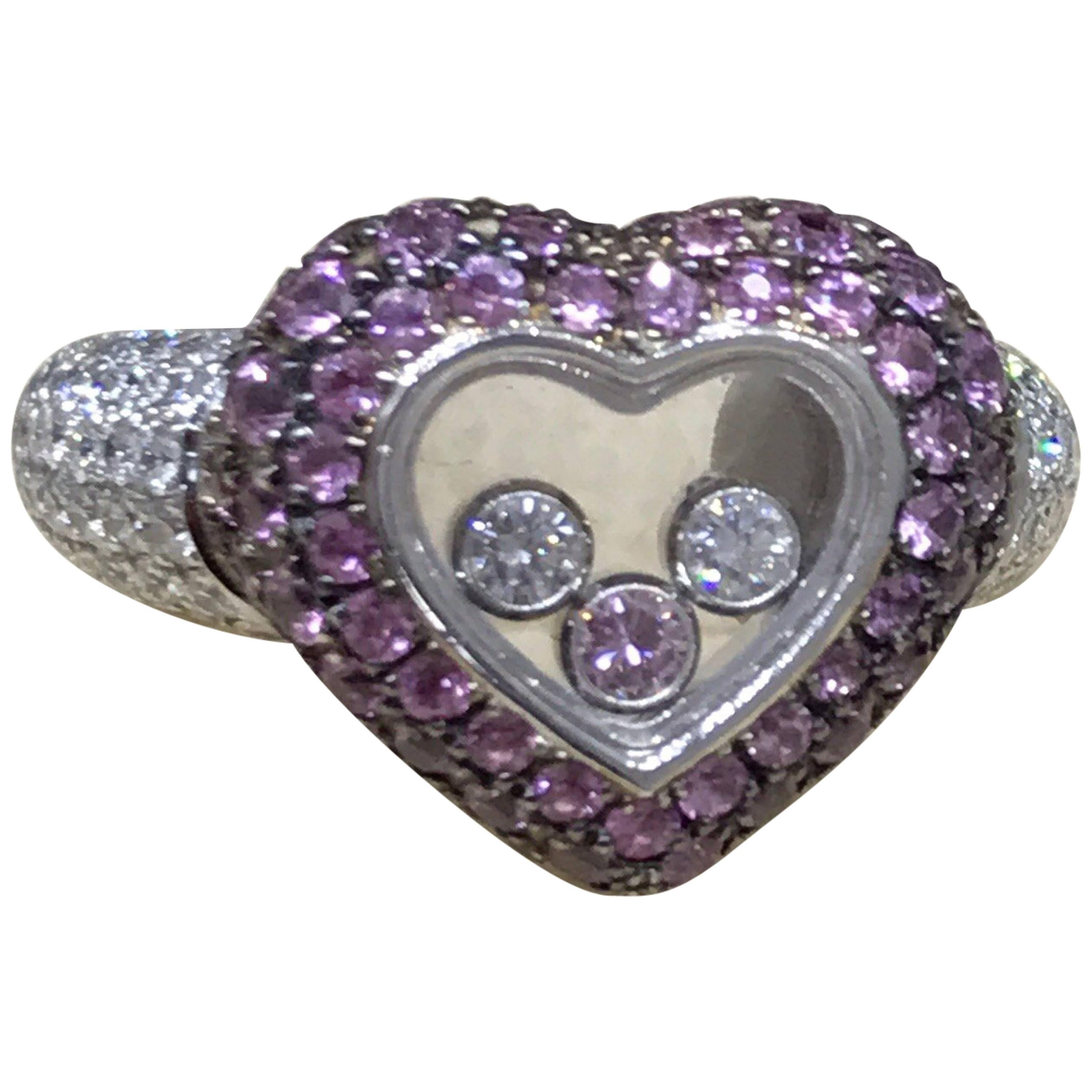 Chopard Happy Diamonds White Gold Diamonds and Pink Sapphires Heart Shape Ring For Sale