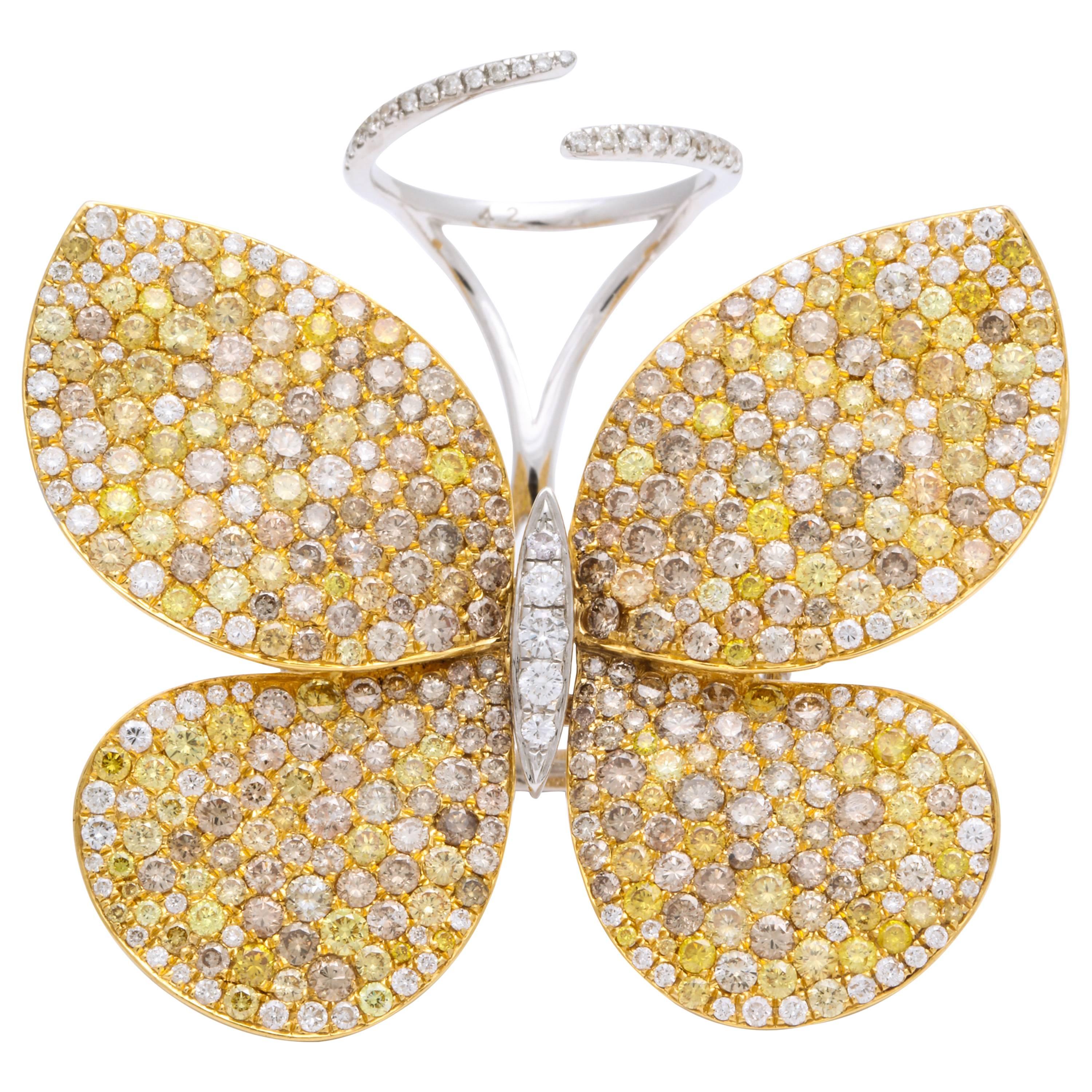 Yellow Gold and Diamond Articulating Butterfly Cocktail Ring For Sale