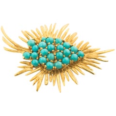 Turquoise and 18 Karat Gold Abstract Leaf Brooch