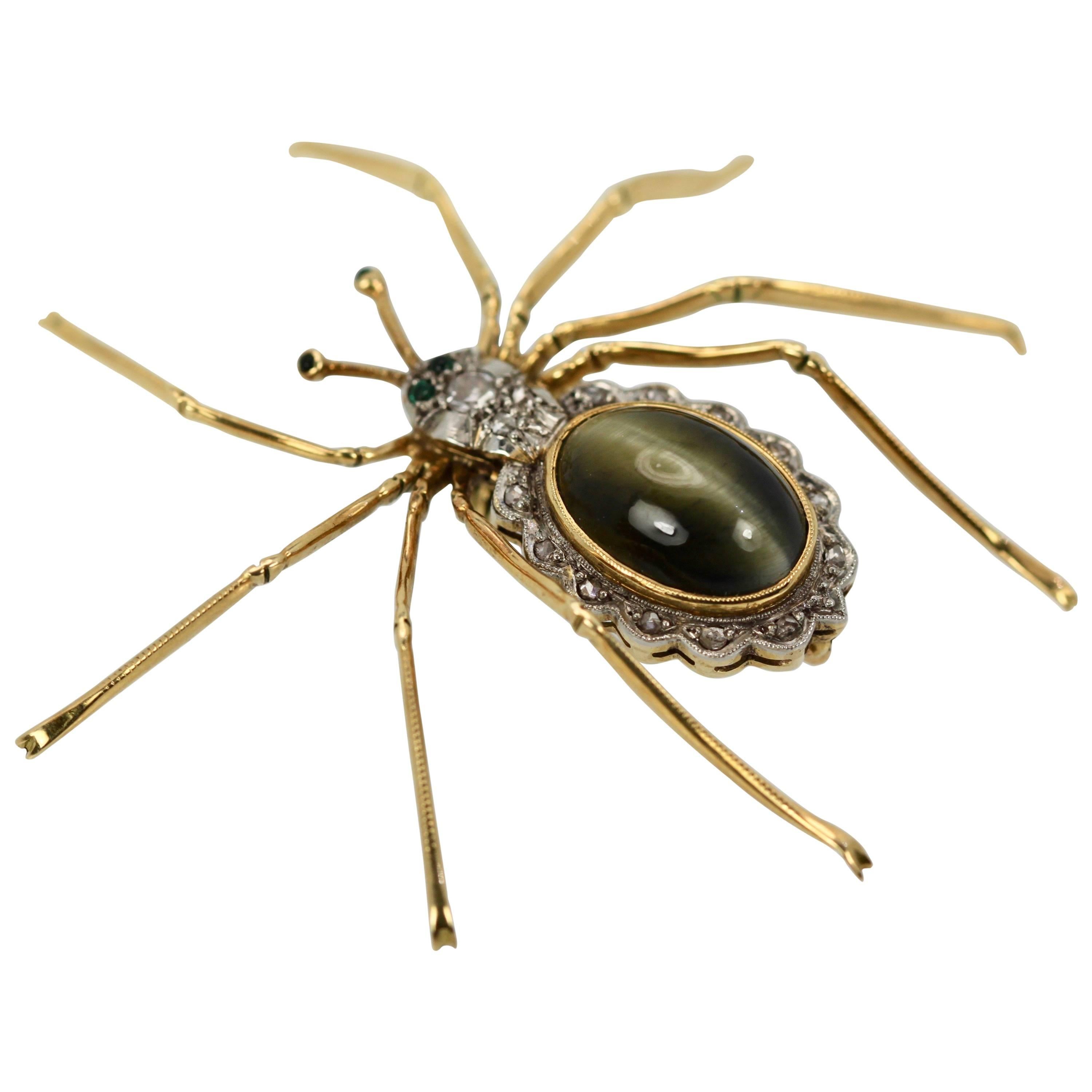 Retro Cat's Eye Chrysoberyl Spider Brooch Scalloped Edge Diamond Accents 18K  For Sale