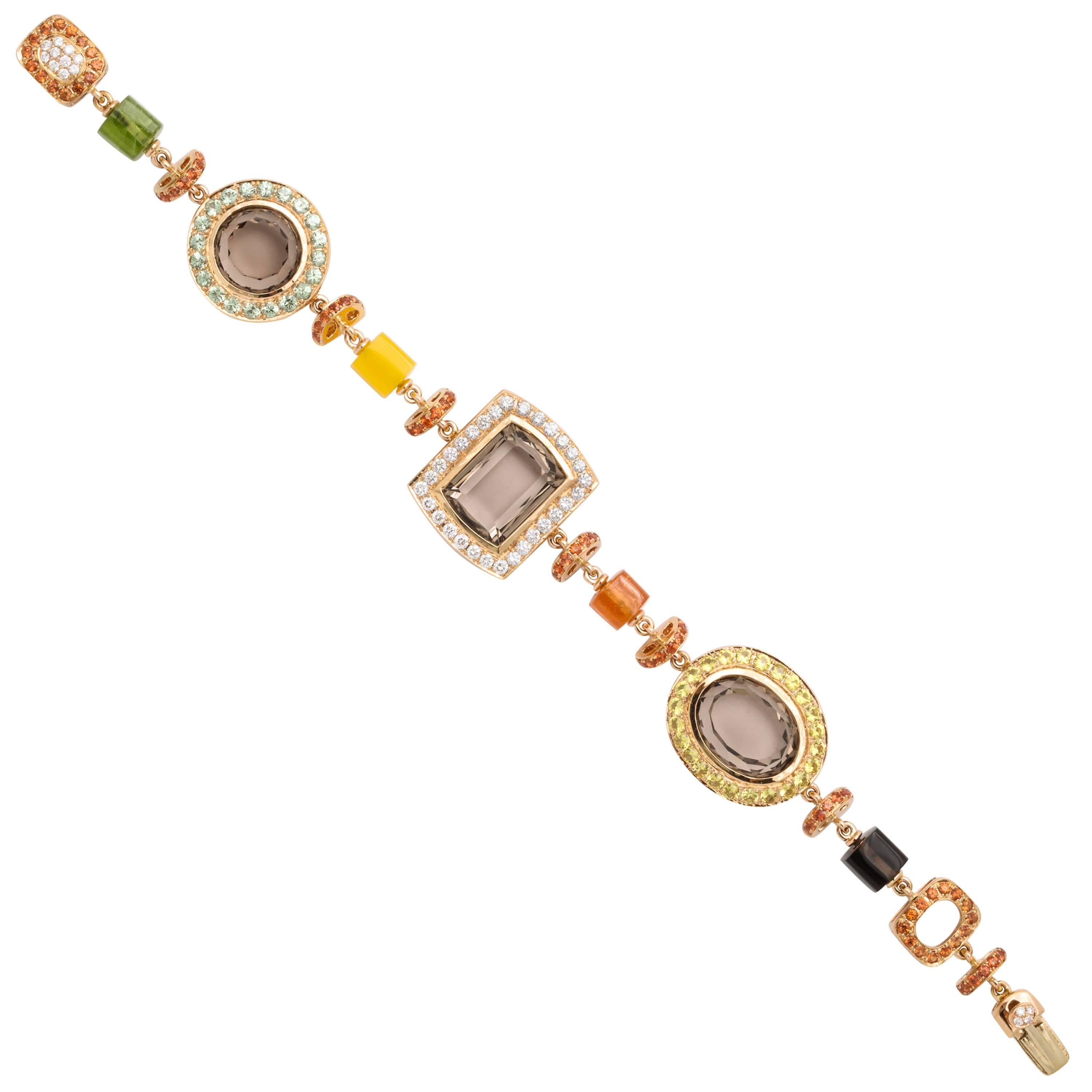 Rose Gold Artistic Fancy Link Gemstone and Diamond Bracelet For Sale