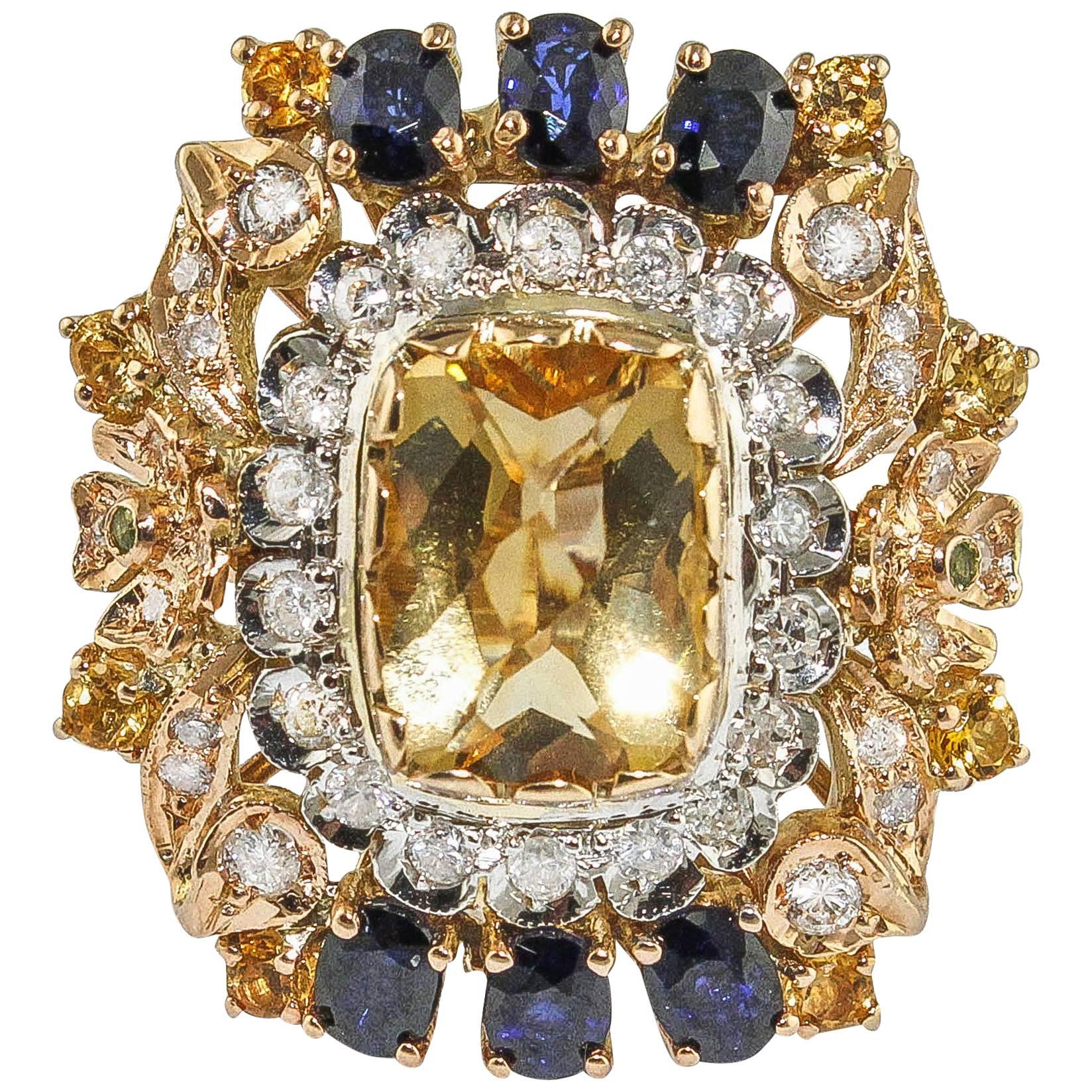  Diamants, saphirs, topaze, tsavorite  Bague couronne en or rose en vente