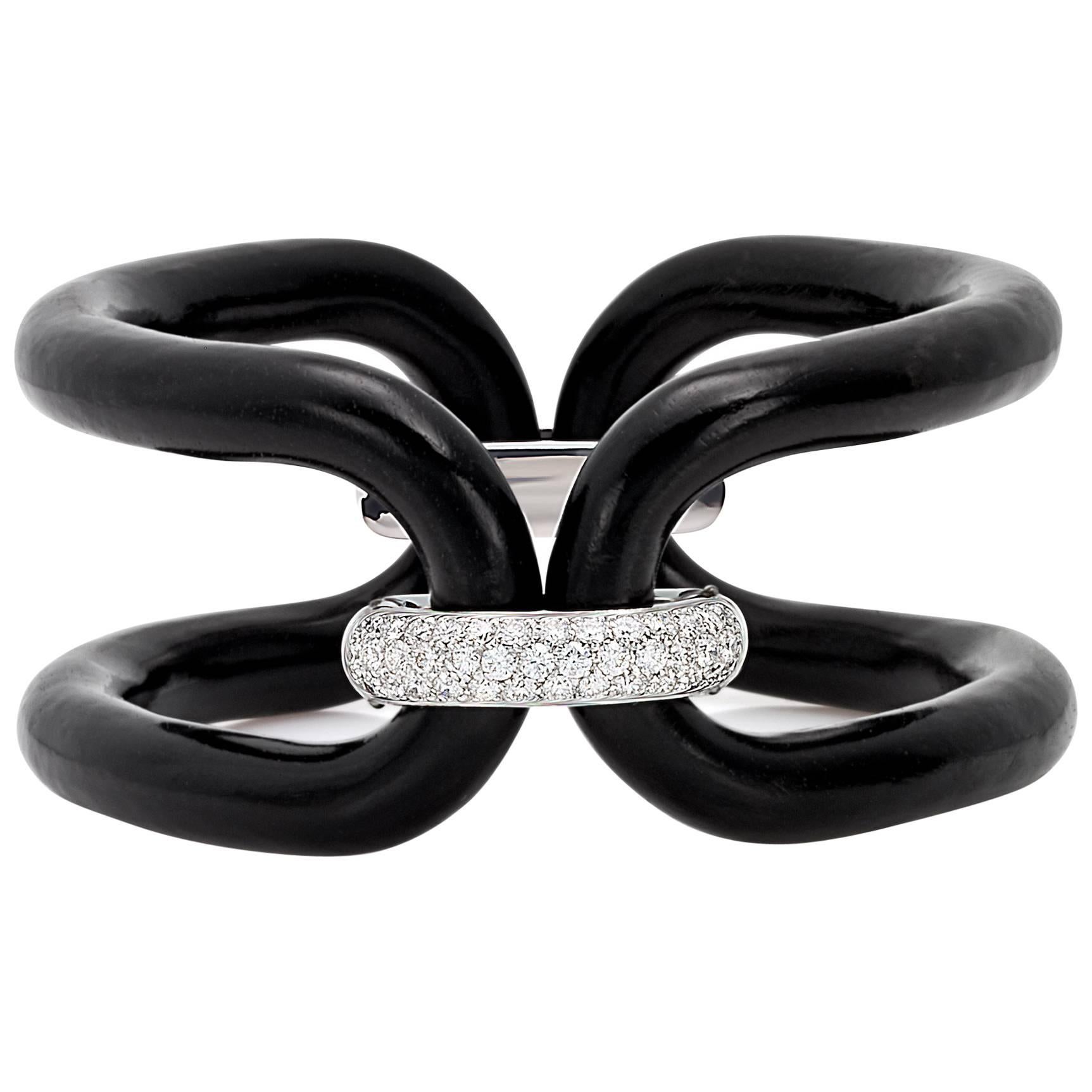 Roberta Collection Bangle 18 Karat Wood Ebony and White Gold and Diamonds  For Sale at 1stDibs