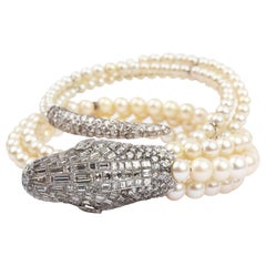 Vintage Diamonds and Pearls Platinum Snake Bangle, 1930