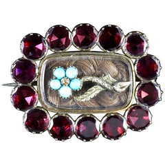 Antique Georgian Flat Cut Garnet Turquoise Mourning Gold Brooch, circa 1790