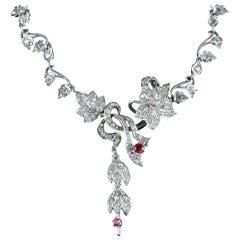 Art Deco Silver Floral Ruby Paste Lavaliere Drop Necklace, circa 1920